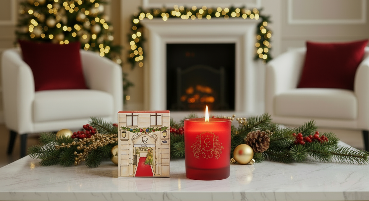 Vela CEREI con packaging, decoración navideña y cojines rojos